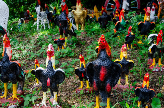 Rooster figurines at Wat Khao Yi San