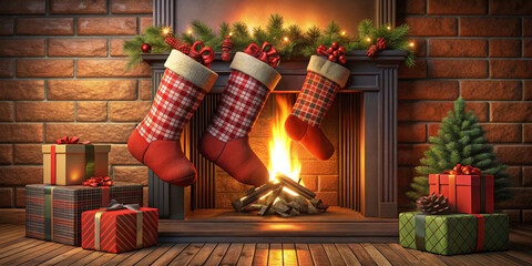 Red and black Christmas stocking stuffed with gifts by a fireplace, 3D illustration