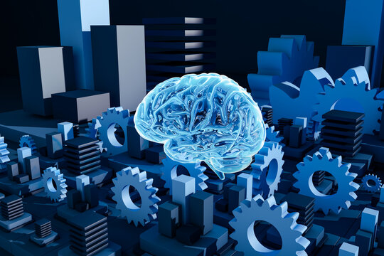 Abstract brain render surrounded by gears and cityscape elements