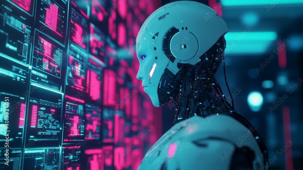 Poster in a futuristic world,robot men and women,powered by artificial intelligence,work with virtual scree