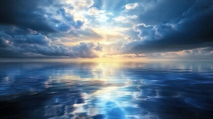 Obraz premium Sunlight breaking through storm clouds over a vast ocean, creating dramatic reflections on the water.