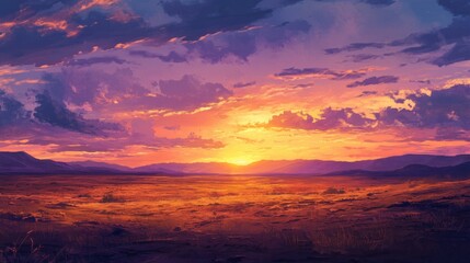 Fototapeta premium Sunset over a vast savannah with clouds scattering golden and purple hues across the sky.