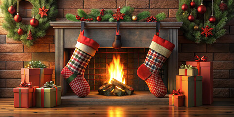 Red and black Christmas stocking stuffed with gifts by a fireplace, 3D illustration