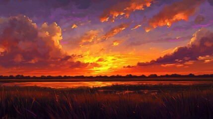 Obraz premium Sunset over a vast savannah with clouds scattering golden and purple hues across the sky.