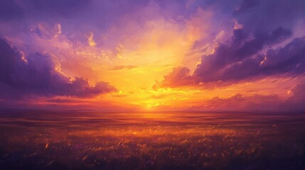 Obraz premium Sunset over a vast savannah with clouds scattering golden and purple hues across the sky.