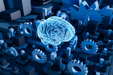 Abstract brain render surrounded by gears and cityscape elements