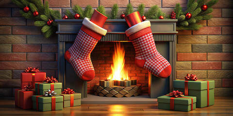 Red and black Christmas stocking stuffed with gifts by a fireplace, 3D illustration