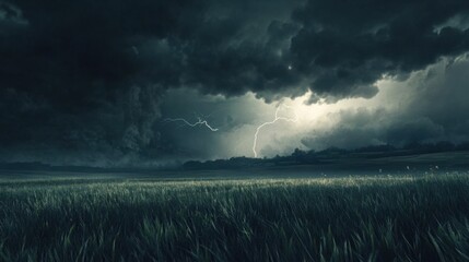Fototapeta premium The edge of a thunderstorm rolling over an open field, with lightning illuminating the dark sky.