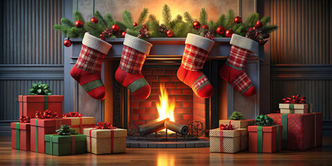Red and black Christmas stocking stuffed with gifts by a fireplace, 3D illustration