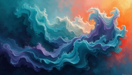 Vibrant Abstract Painting of Swirling Ethereal Clouds in Blue, Purple, and Orange for Art Display