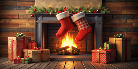 Red and black Christmas stocking stuffed with gifts by a fireplace, 3D illustration