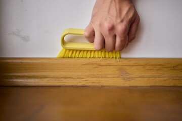 Cleaning a Wooden Floor using a Yellow Brush for Optimal Hygiene and Cleanliness