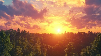 Fototapeta premium The sun setting behind a forest with colorful clouds in the sky, creating a peaceful, serene atmosphere.
