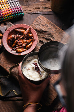 Curd rice with buttermilk soaked dry chilies