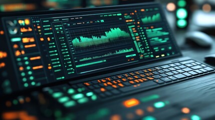 A futuristic interface displaying data analytics and visualizations.