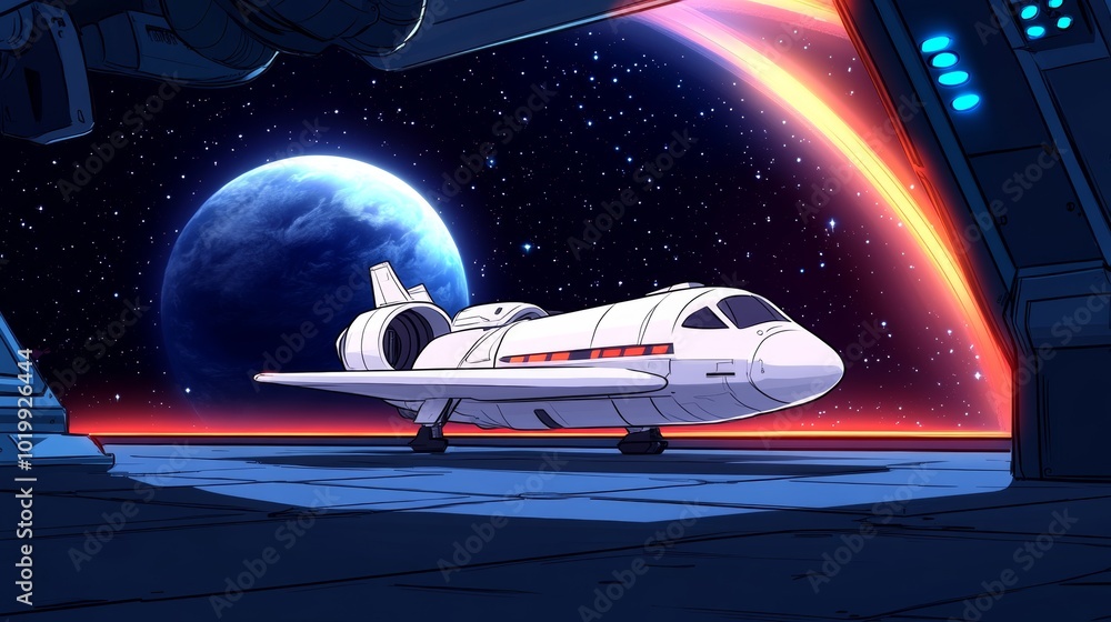 Poster spacecraft taking off from spaceship bay with planet in background