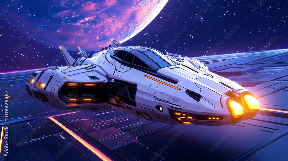 Poster futuristic spaceship flying through space with planet in background