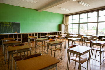机と椅子が並んでいる学校の教室の風景