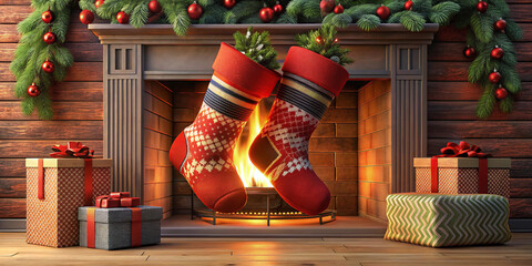 Red and black Christmas stocking stuffed with gifts by a fireplace, 3D illustration