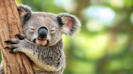 Naklejka premium Koala resting on tree, eyes closed, showcasing peaceful expression in natural setting. soft fur and gentle demeanor evoke sense of calm and tranquility