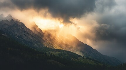 Thunderclouds gathering over a mountain range, with sunlight barely breaking through the edges of the storm.