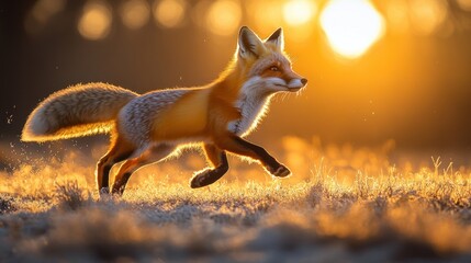 A fox running through a sunlit field at dawn.