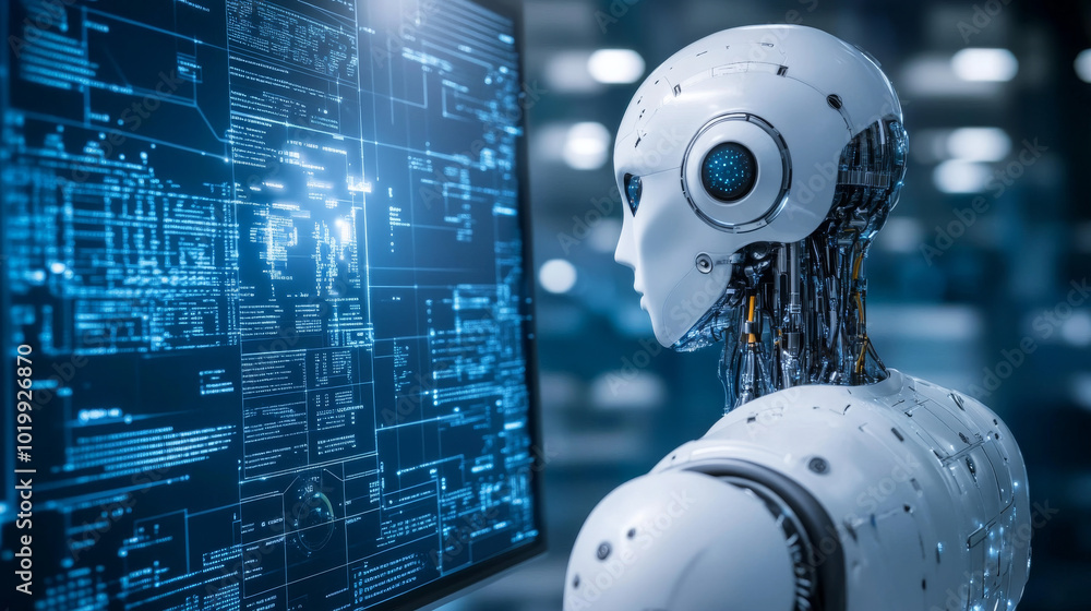 Poster a robot or cyborg is shown looking at a computer screen, representing artificial intelligence and ma