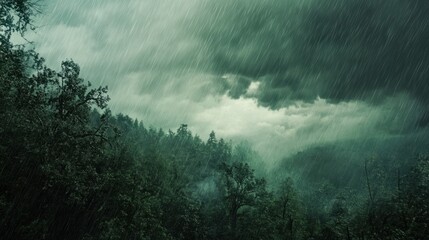 Naklejka premium Thunderclouds looming over a forest during a summer storm, with heavy rain pouring down.