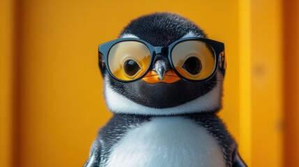 Naklejka premium Hyper-realistic studio shot of a cute penguin wearing sunglasses against an orange background, minimalistic and funny animal concept art with a yellow and black color scheme 