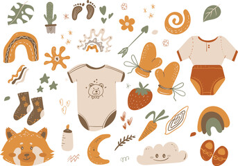 Vector hand drawn collection for nursery decoration and baby shower. Baby clothes, rainbows, toys, animals, branches, fruit. Perfect for birthday, children's party, summer holiday, clothing prints