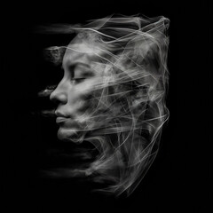 Abstract digital art of a woman's face in motion with ethereal light trails.