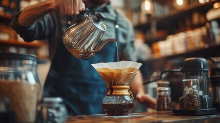 Pouring Water into Coffee Filter at a Cafe. A barista carefully pours hot water from a kettle into a paper filter, creating a fresh cup of delicious coffee in a cozy cafe setting.