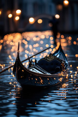 Obraz premium Gondola floats peacefully on glowing water illuminated by soft city night lights (