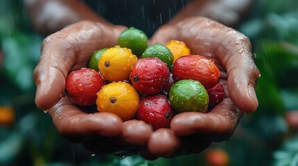 Hands are full of freshly picked coffee cherries, showcasing vibrant red fruit against lush greenery. This image captures the essence of organic farming and nature's bounty.