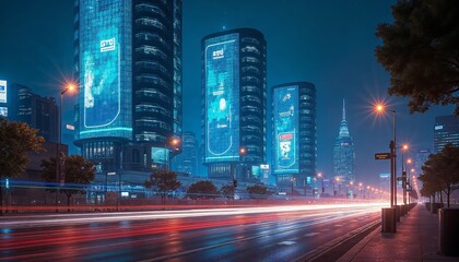 Fototapeta premium Vibrant Nightlife Scene with Towering Skyscrapers and Blurred Traffic in Urban Landscape with Stunning Long Exposure
