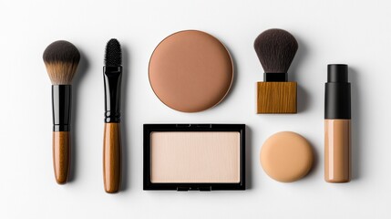 Makeup Brushes  Powder  Foundation and Sponge on White Background