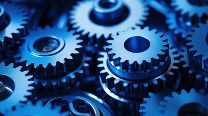 An intricate close-up of interlocking blue mechanical gears, reflecting engineering precision and industrial elegance.