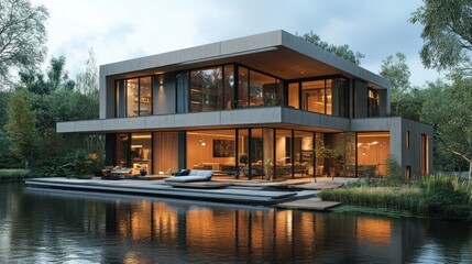 Obraz premium Modern house with large windows by a serene water body.
