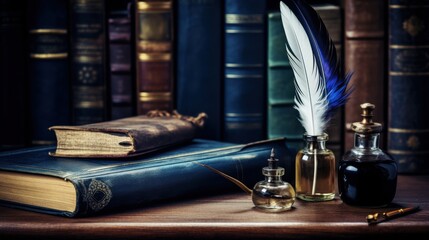A vintage ink bottle with a quill on a wooden table, surrounded by classic books, evokes a timeless writing and literary atmosphere.