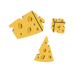Set Cheese Triangle, Slice and Cube. Food Vector Illustration in Hand Drawn on White Background
