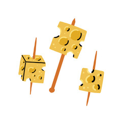 Set Cheese Cubes Canapes on Wooden Stick. Tapas Food Vector Illustration in Hand Drawn Style on White Background