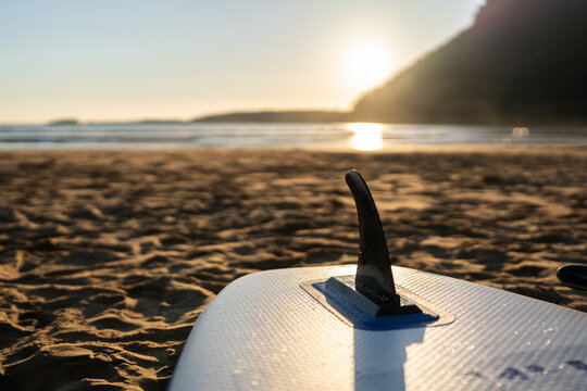 Closeup of surfboard at the beach.