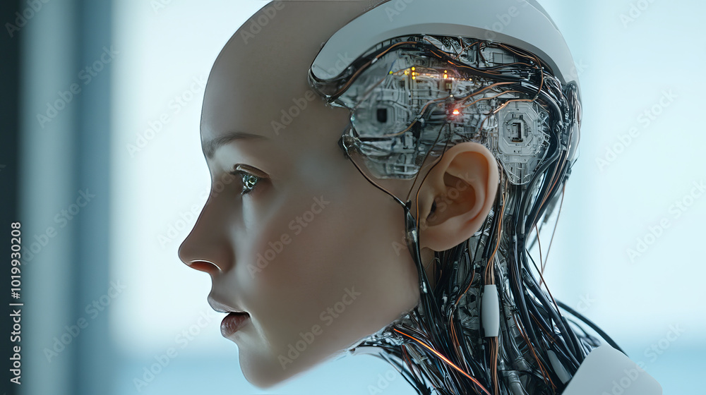 Poster a robot with a bald head is thinking hard. wires are attached to its head, showing it's powered by a