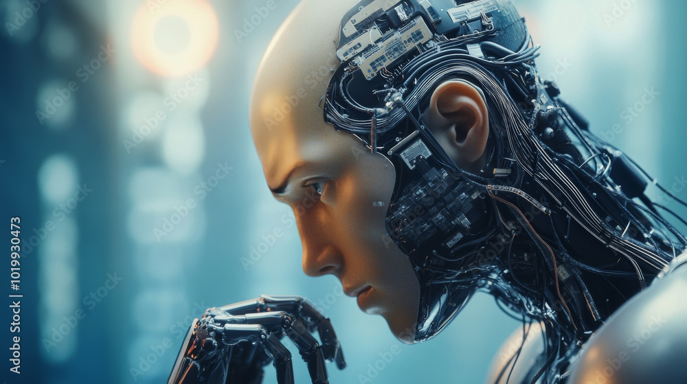 Poster a robot with a bald head is thinking hard. wires are attached to its head, showing it's powered by a