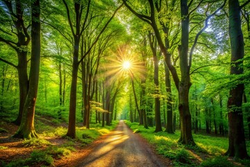 Fototapeta premium Serene Forest Path Through Lush Green Trees with Sunlight Filtering and a Peaceful Atmosphere