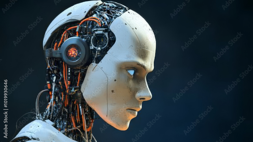Poster a robot with a bald head is thinking hard. wires are attached to its head, showing it's powered by a