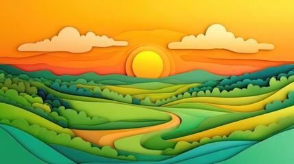 Sunset casting vibrant colors over a lush green meadow showcasing a tranquil farming landscape Vibrant sunset over a green meadow in a peaceful farming landscape