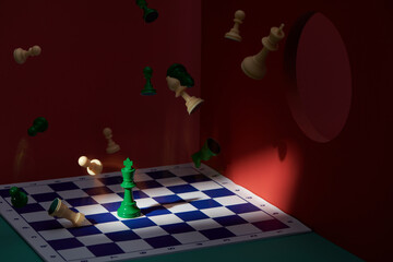 Chess Pieces Floating Over Board with Dramatic Lighting