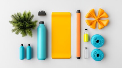 Fitness Equipment Flat Lay   Yoga Mat  Water Bottles  Exercise Equipment