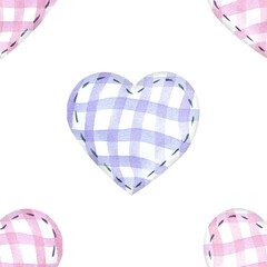 Pink and purple rag hearts in a cage. Seamless pattern painted with watercolors on a white background. For decoration, design, paper, textile, printing